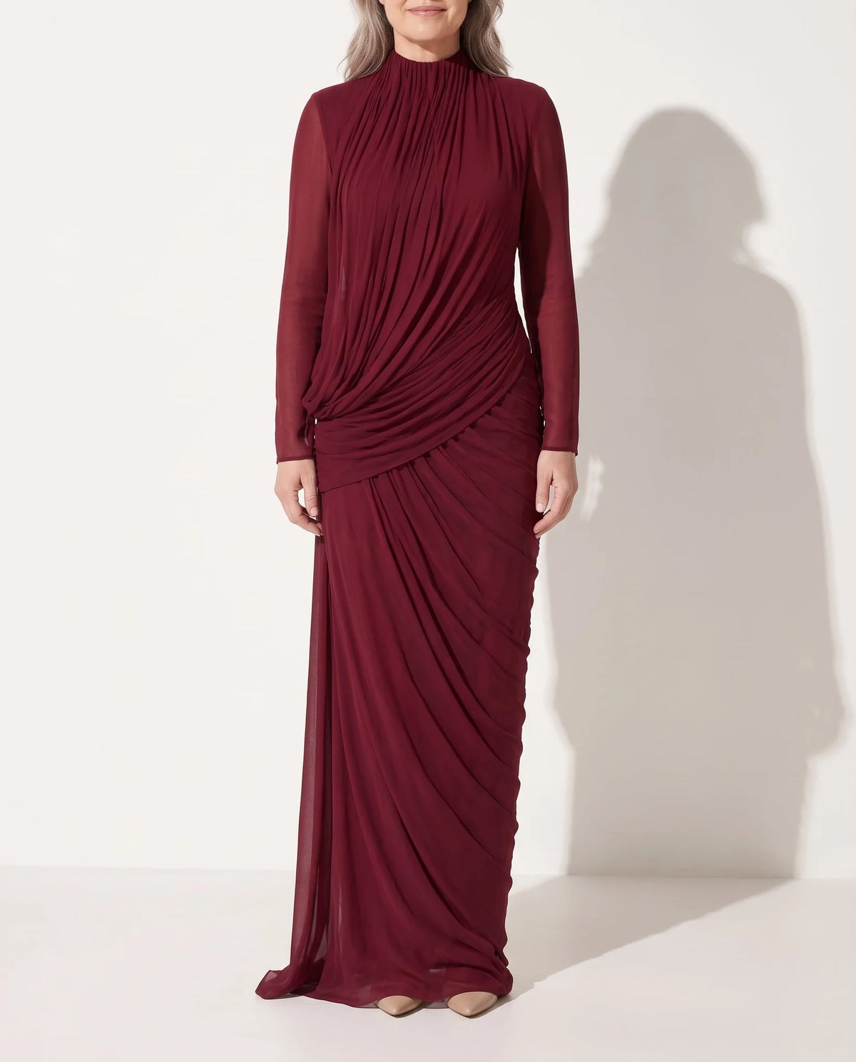 Draped High Neck Maxi Dress – Burgundy