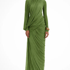 Draped High Neck Maxi Dress – Green