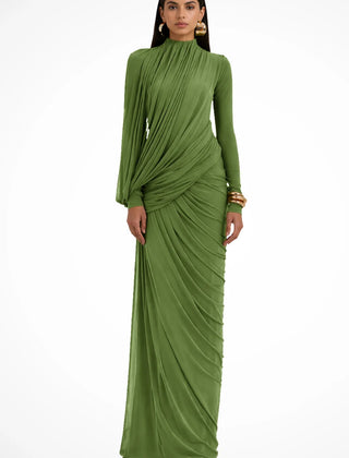 Draped High Neck Maxi Dress – Green