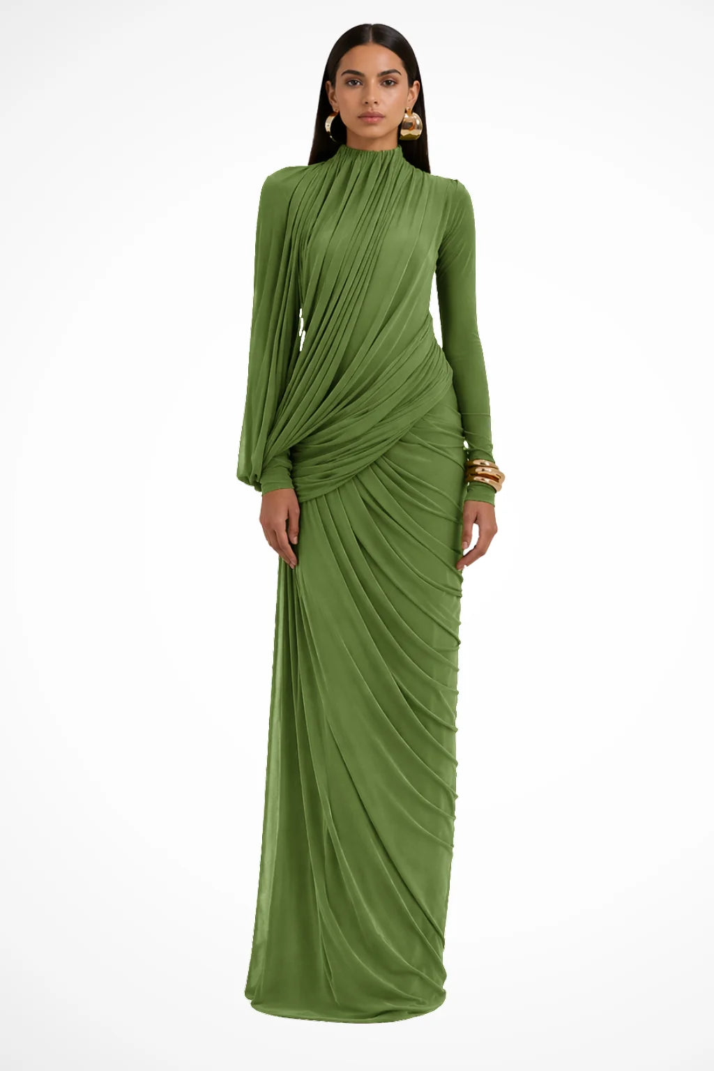 Draped High Neck Maxi Dress – Green