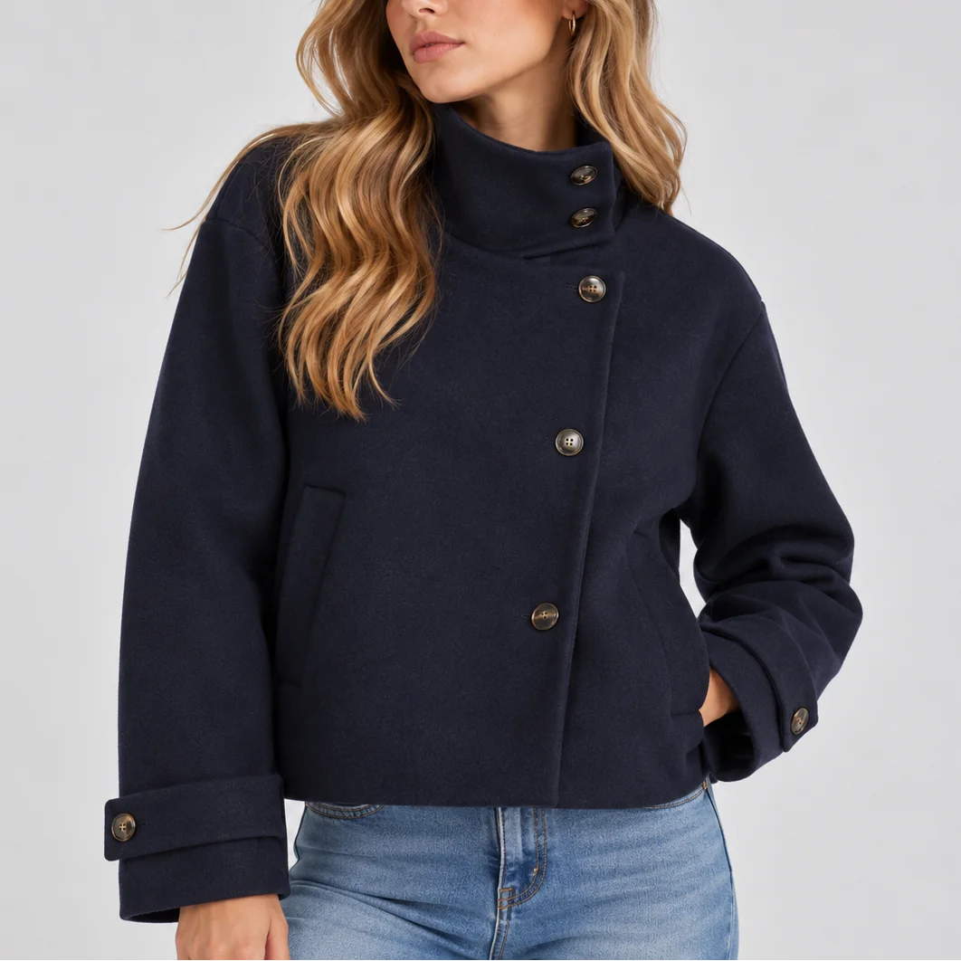 Cropped High Collar Jacket – Navy