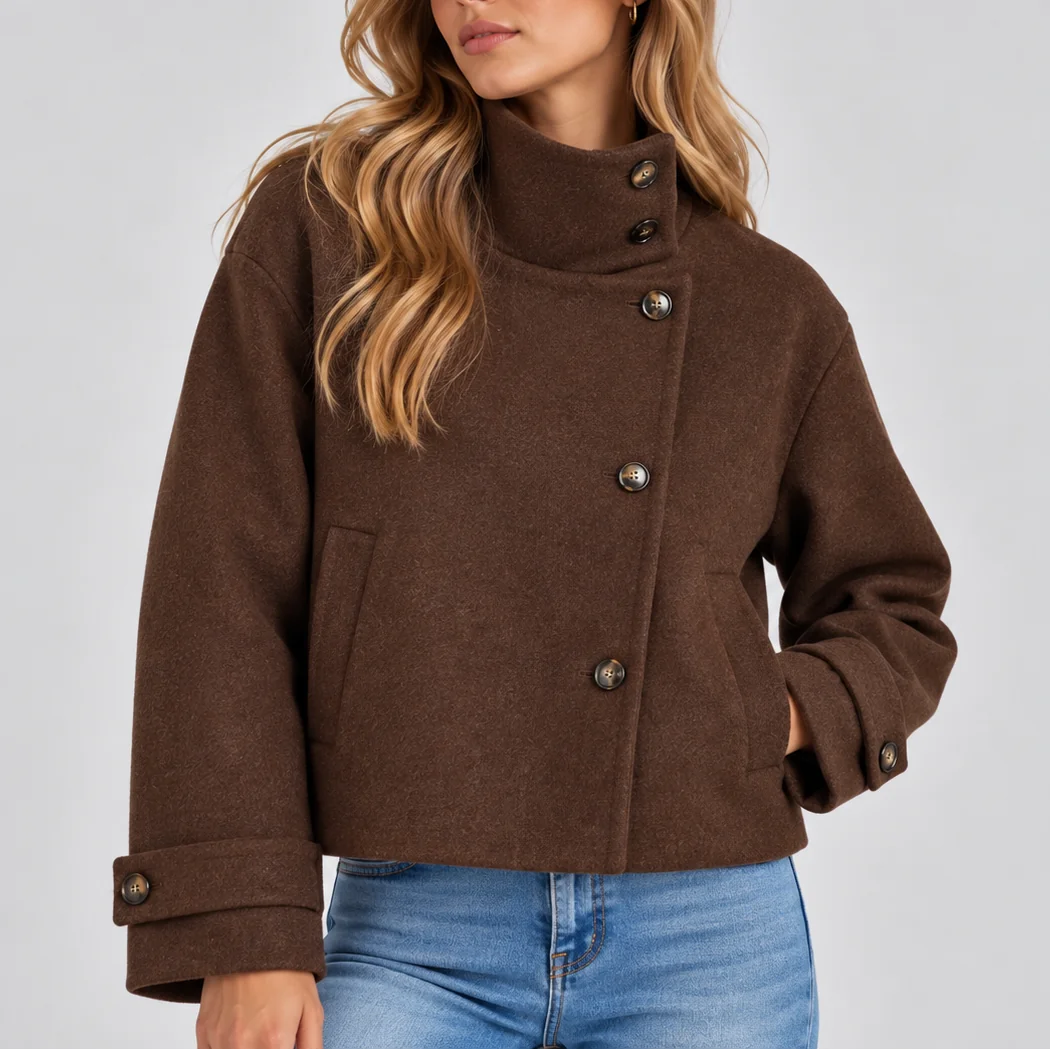 Cropped High Collar Jacket – Brown