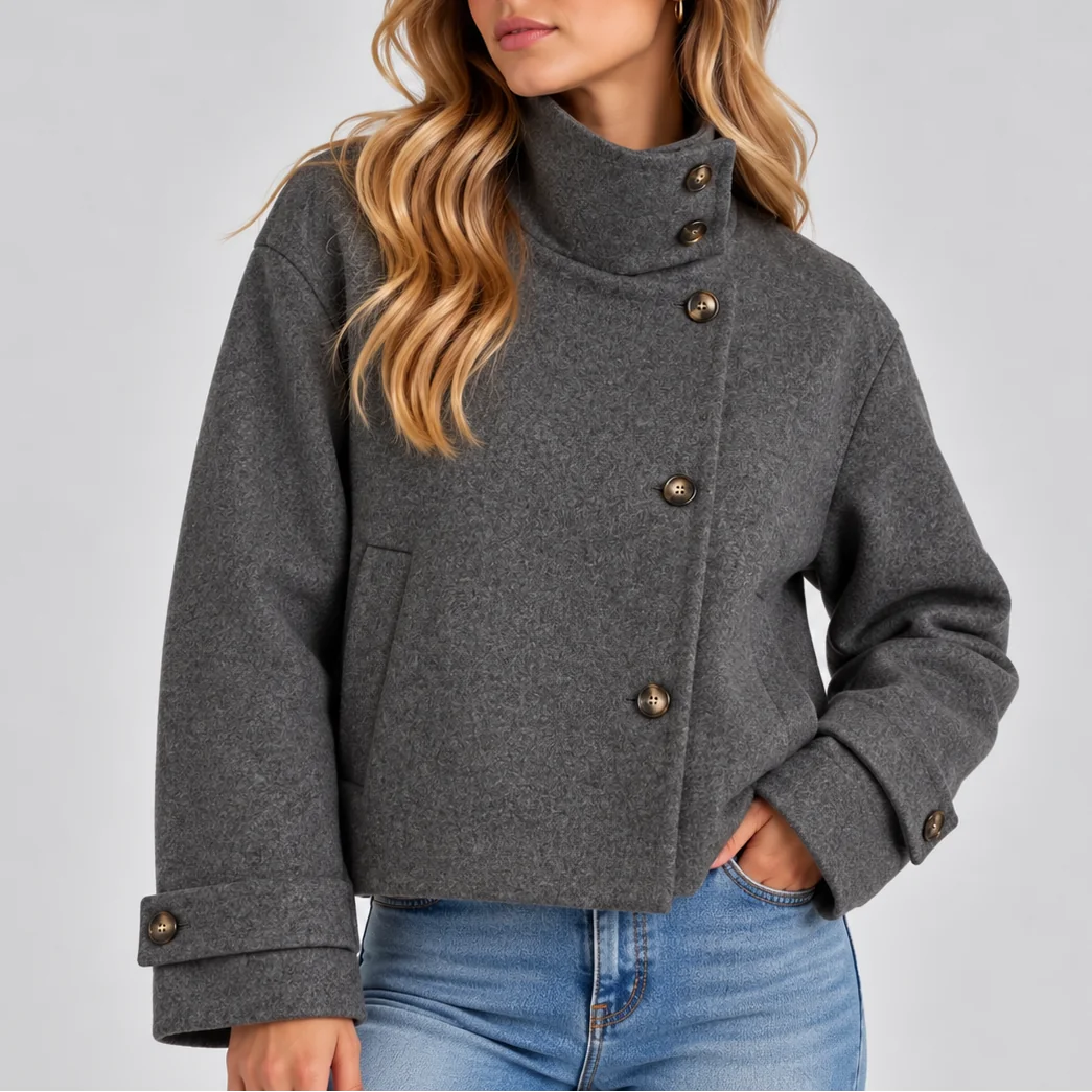 Cropped High Collar Jacket – Grey
