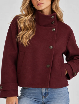 Cropped High Collar Jacket – Burgundy