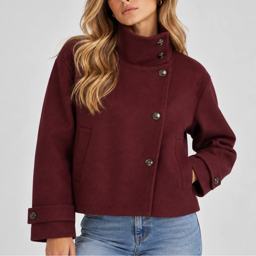 Cropped High Collar Jacket – Burgundy