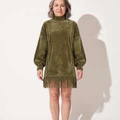 Fringe Hem Mock Neck Dress – Green