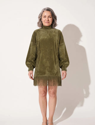 Fringe Hem Mock Neck Dress – Green