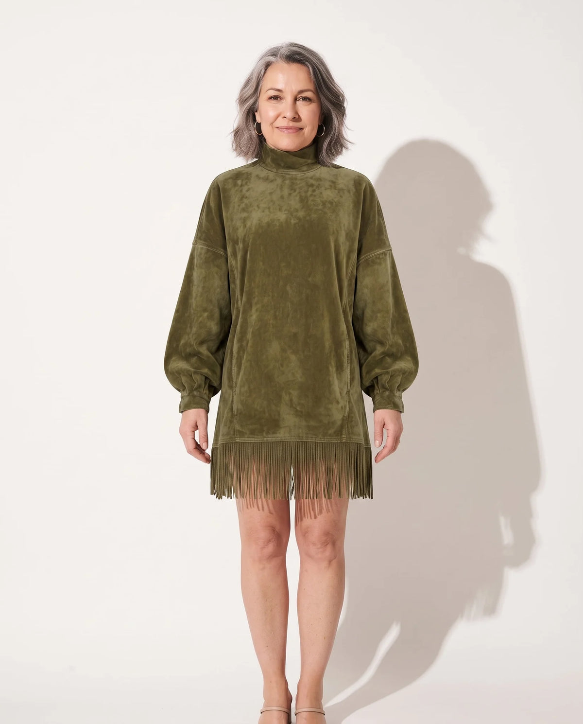 Fringe Hem Mock Neck Dress – Green