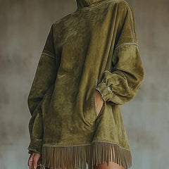 Fringe Hem Mock Neck Dress