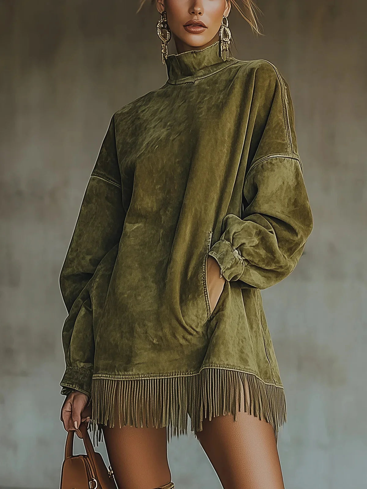 Fringe Hem Mock Neck Dress