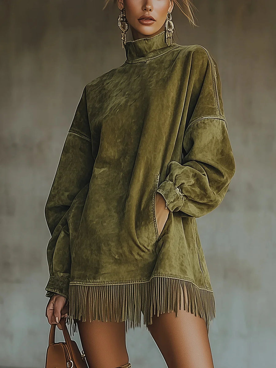 Fringe Hem Mock Neck Dress