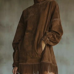 Fringe Hem Mock Neck Dress – Brown