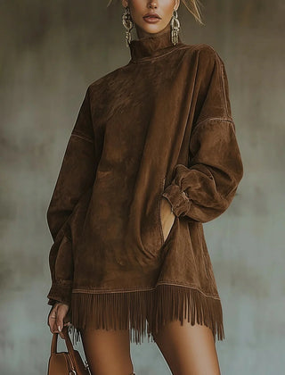 Fringe Hem Mock Neck Dress – Brown
