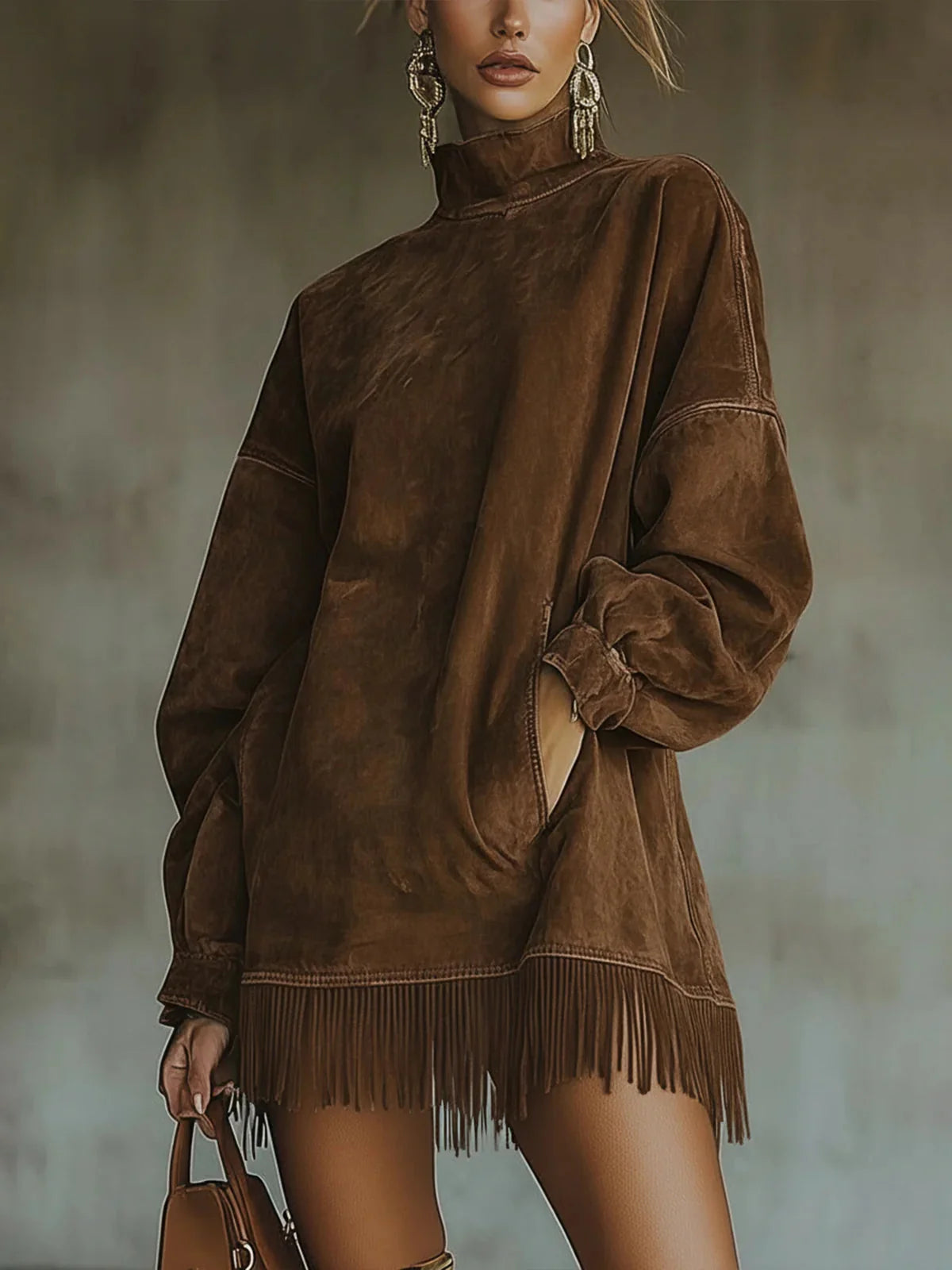 Fringe Hem Mock Neck Dress – Brown
