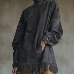 Fringe Hem Mock Neck Dress – Grey