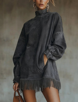 Fringe Hem Mock Neck Dress – Grey