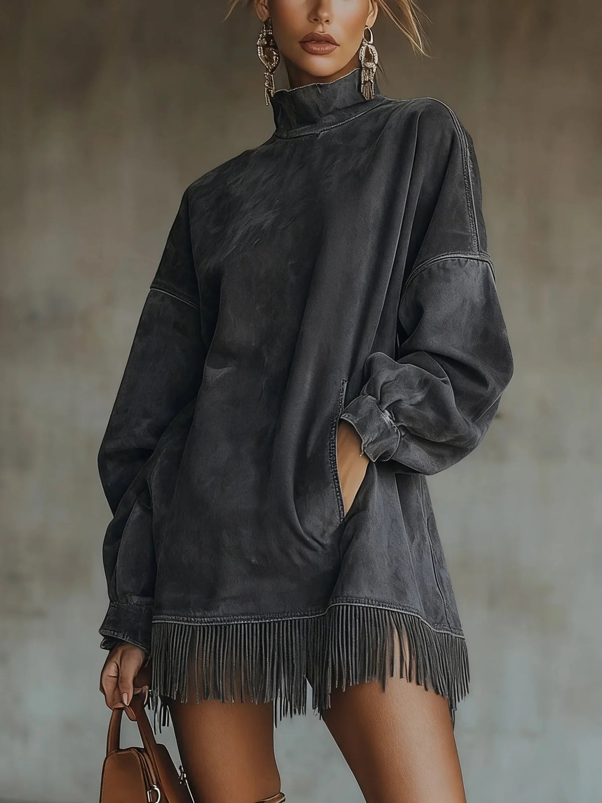 Fringe Hem Mock Neck Dress – Grey