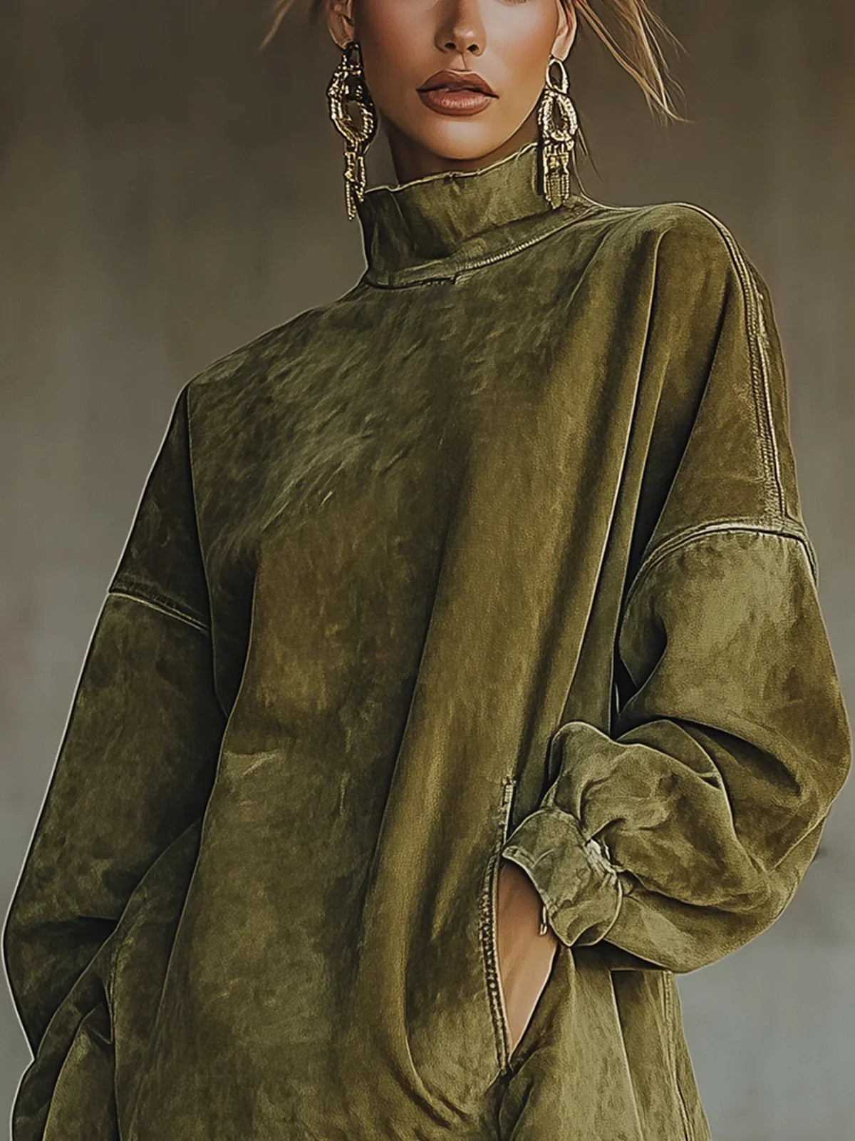 Fringe Hem Mock Neck Dress