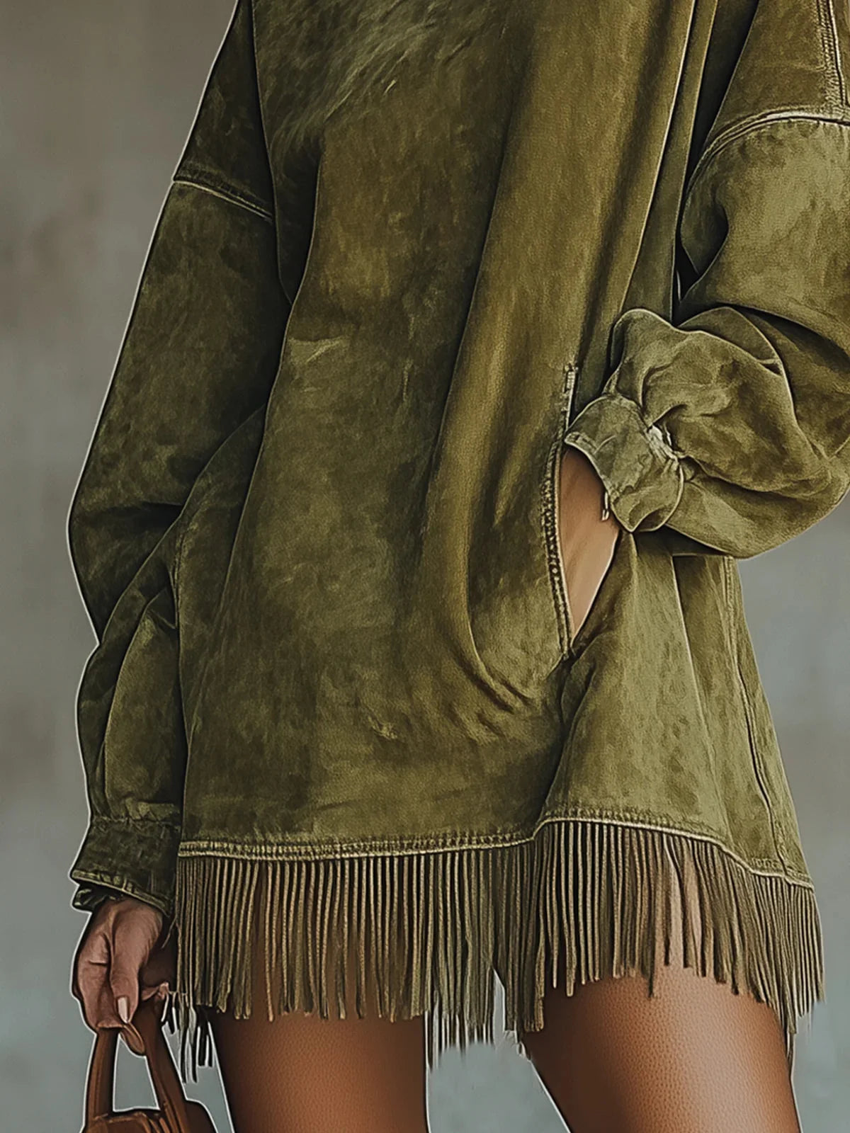 Fringe Hem Mock Neck Dress