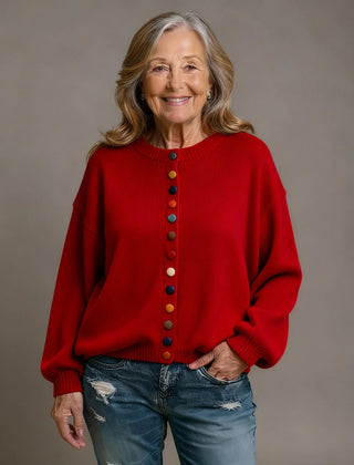 Draped Button Cardigan – Red