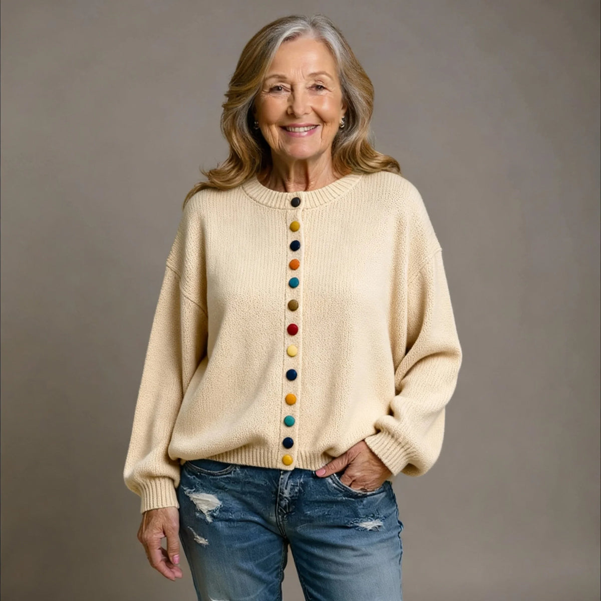 Draped Button Cardigan – Beige