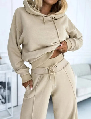 Hooded Wide-Leg Lounge Set – Beige