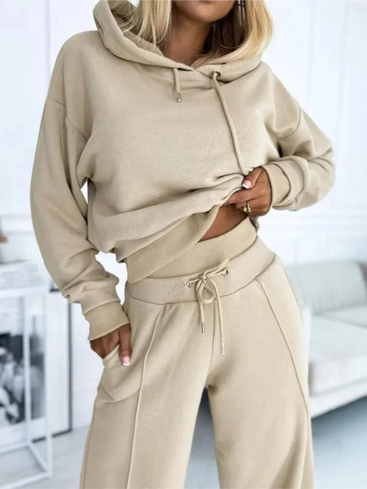 Hooded Wide-Leg Lounge Set – Beige