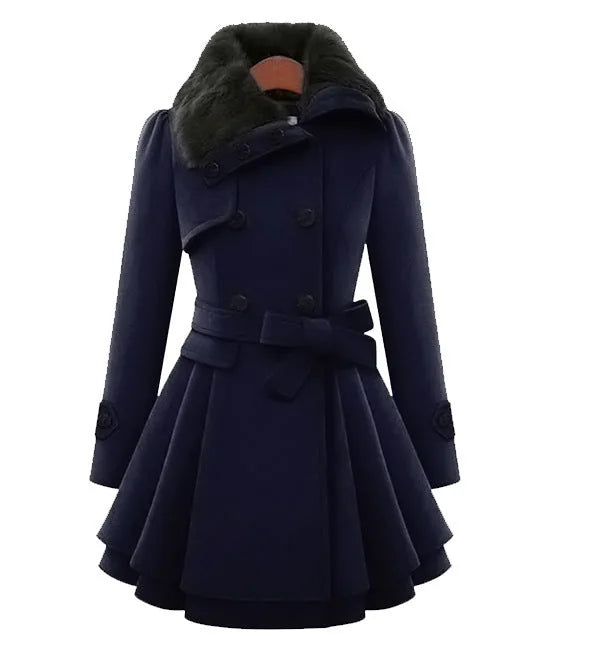 Belted Faux Fur Trench Coat – Dark Blue