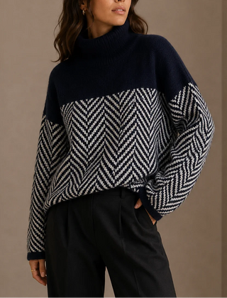 Herringbone Turtleneck Jumper – Navy