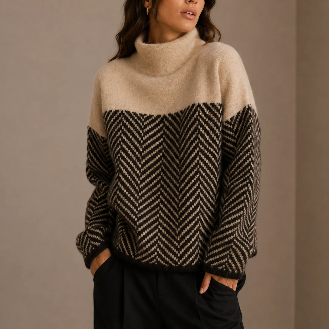 Herringbone Turtleneck Jumper – Beige