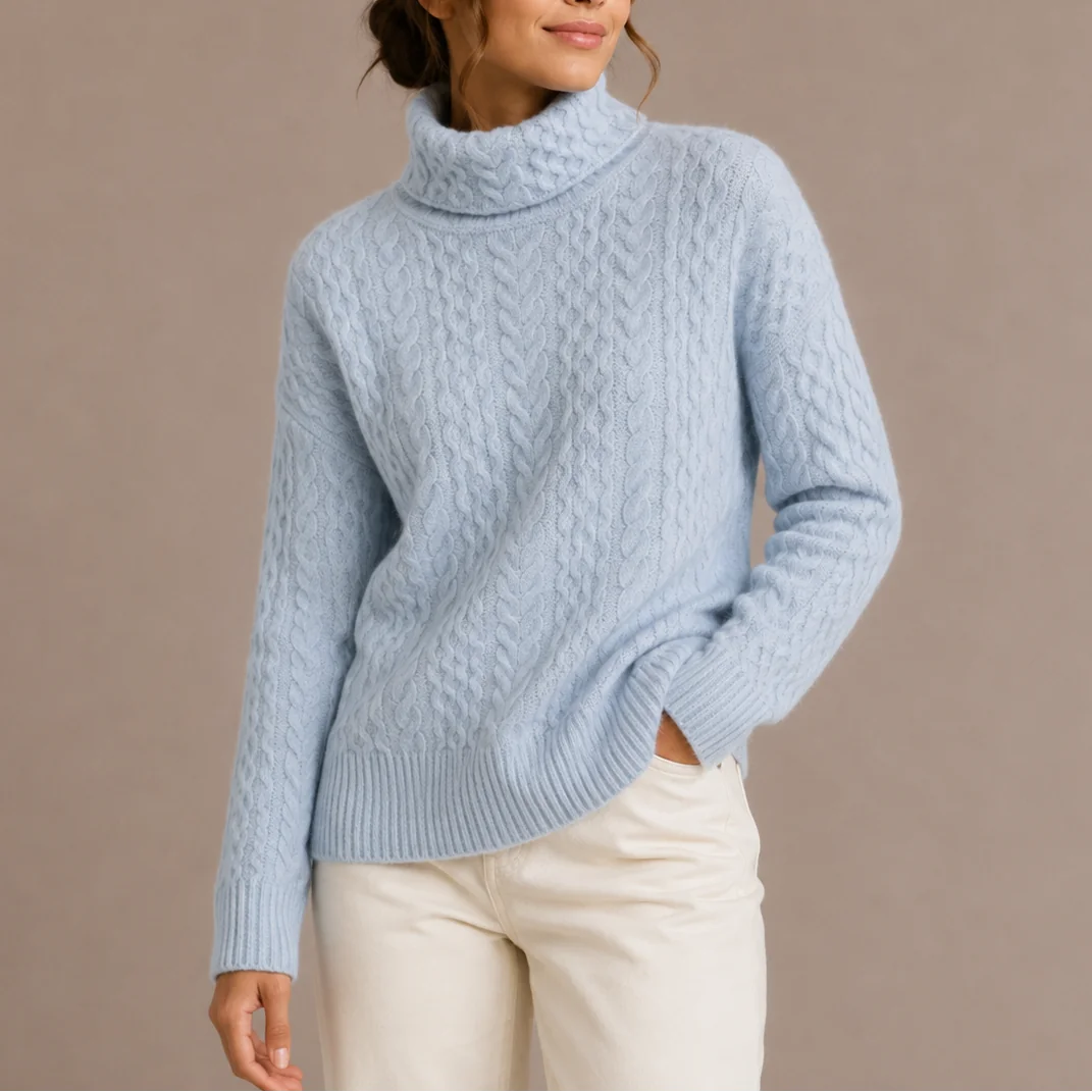 Cable Knit Turtleneck Jumper – Blue