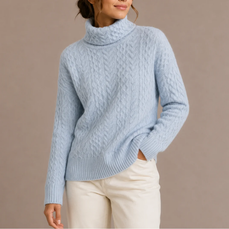Cable Knit Turtleneck Jumper – Blue