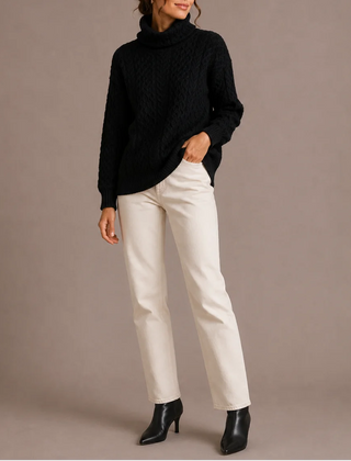 Cable Knit Turtleneck Jumper – Black