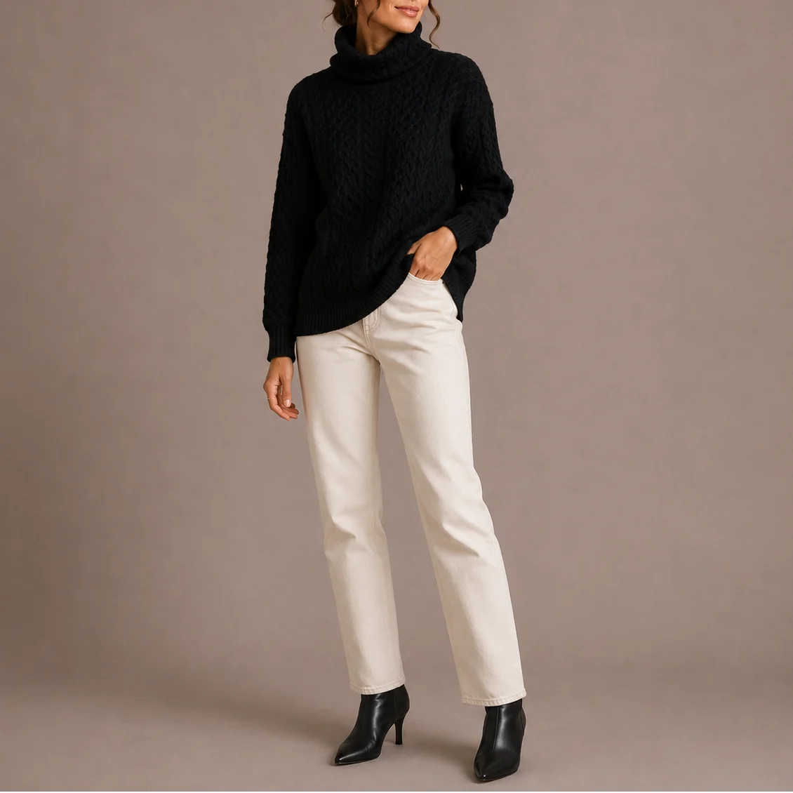 Cable Knit Turtleneck Jumper – Black
