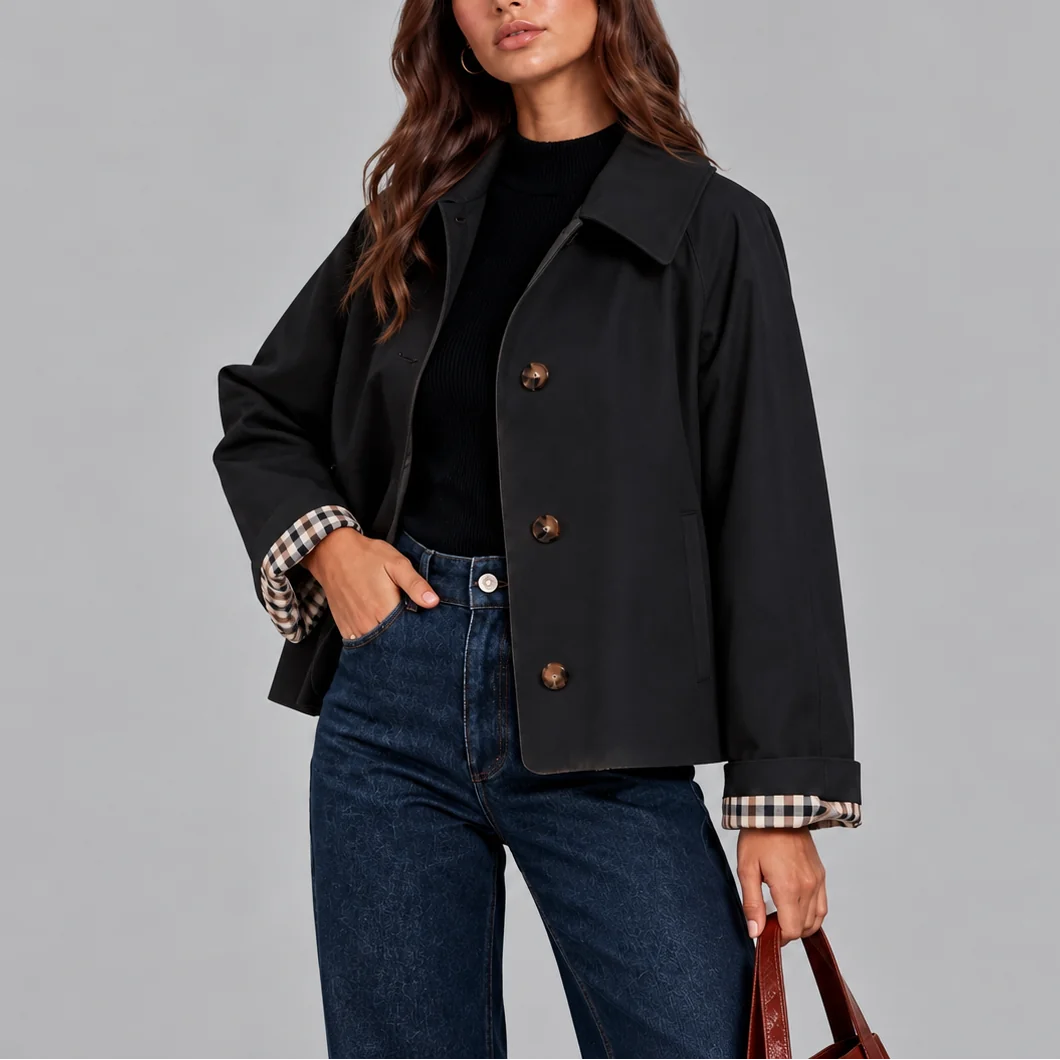 Cropped Plaid Lined Trench Jacket
