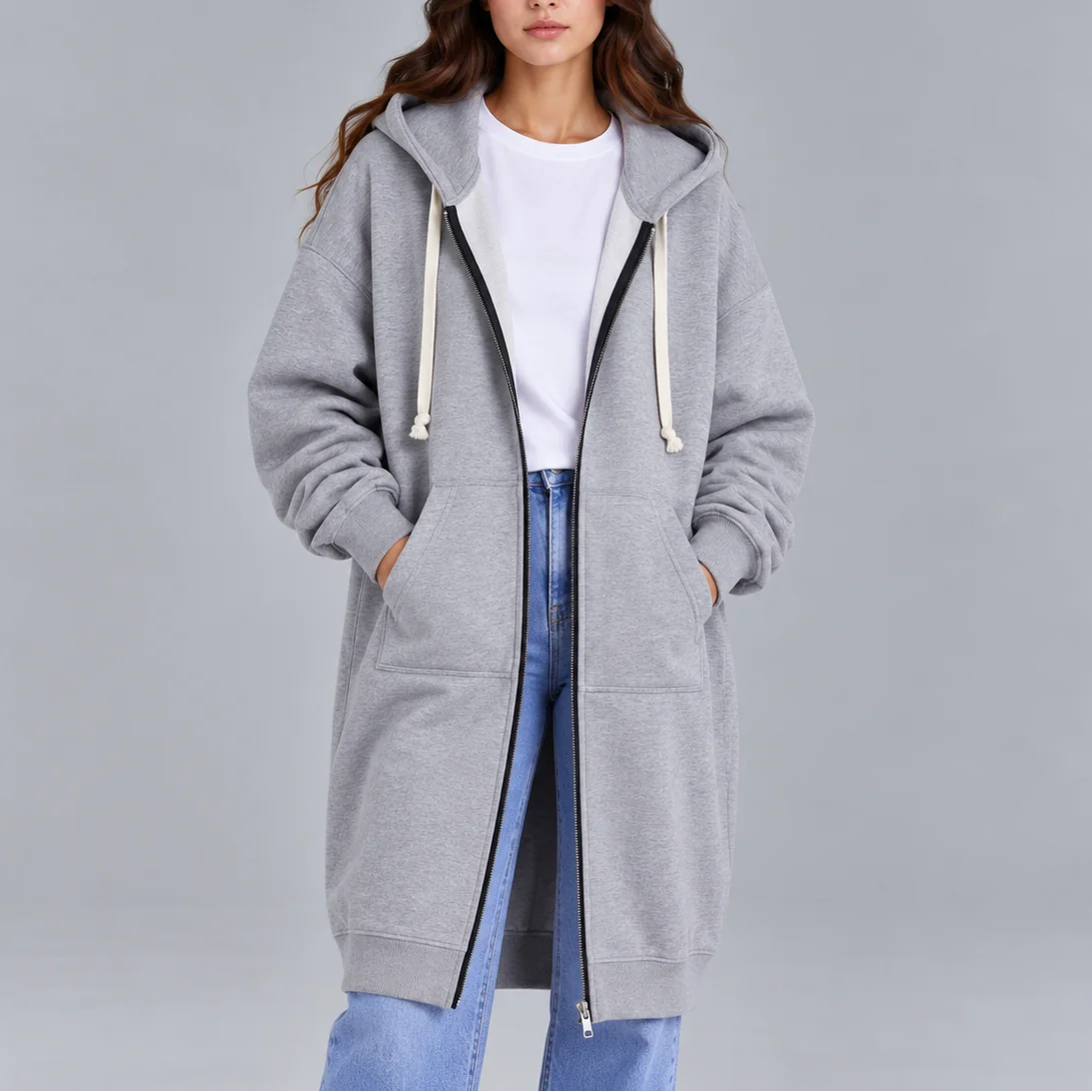 Dlhá oversized mikina na zips s kapucňou