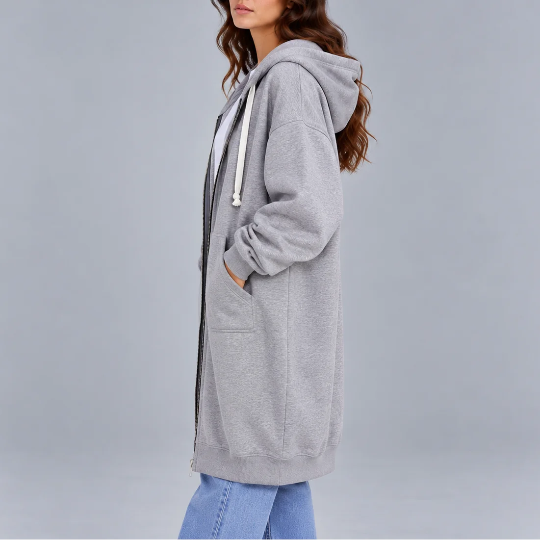 Dlhá oversized mikina na zips s kapucňou