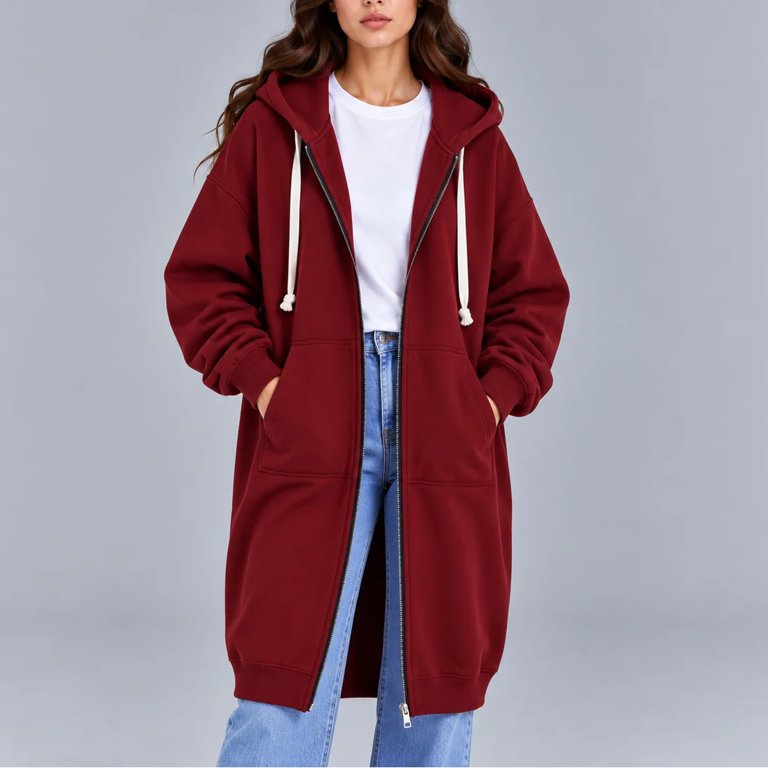 Dlhá oversized mikina na zips s kapucňou