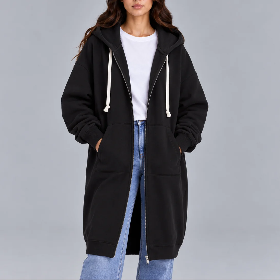 Dlhá oversized mikina na zips s kapucňou