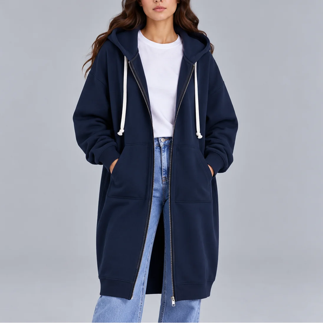 Dlhá oversized mikina na zips s kapucňou