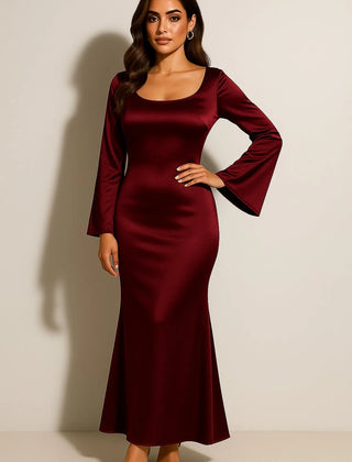 Satin Fishtail Maxi Dress – Dark Red