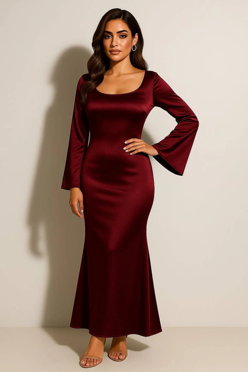 Satin Fishtail Maxi Dress – Dark Red