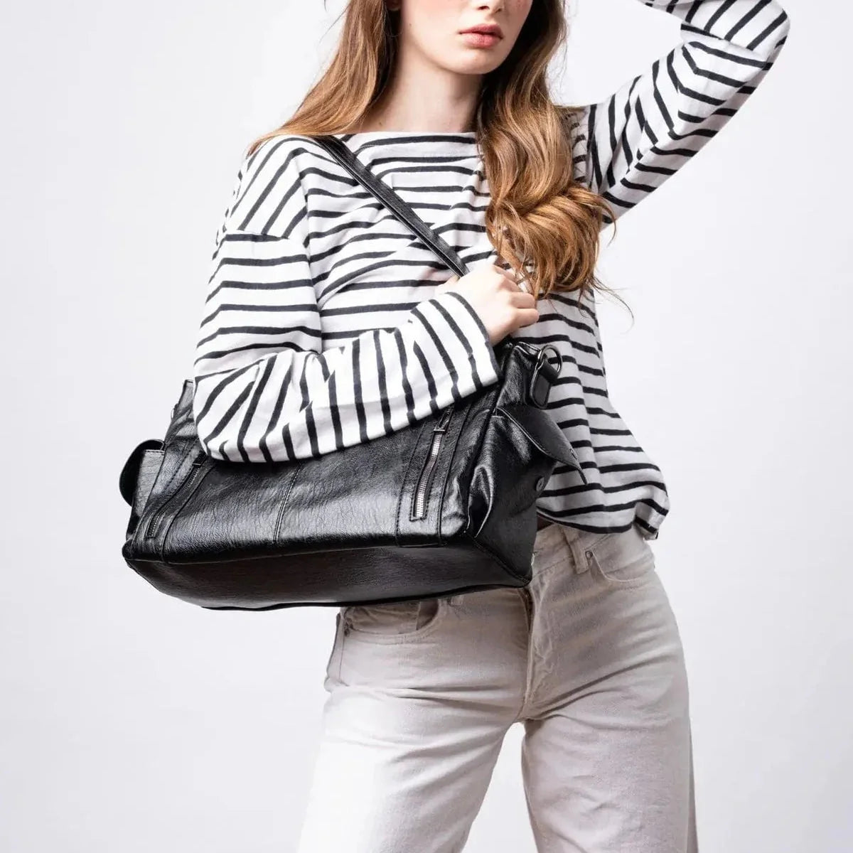 Slouchy Vegan Leather Shoulder Bag – Black