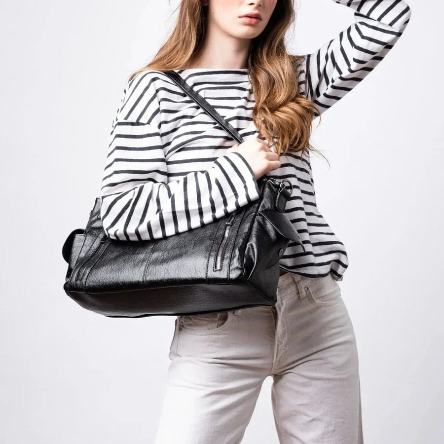 Slouchy Vegan Leather Shoulder Bag – Black
