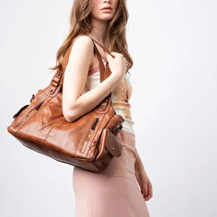 Slouchy Vegan Leather Shoulder Bag – Brown