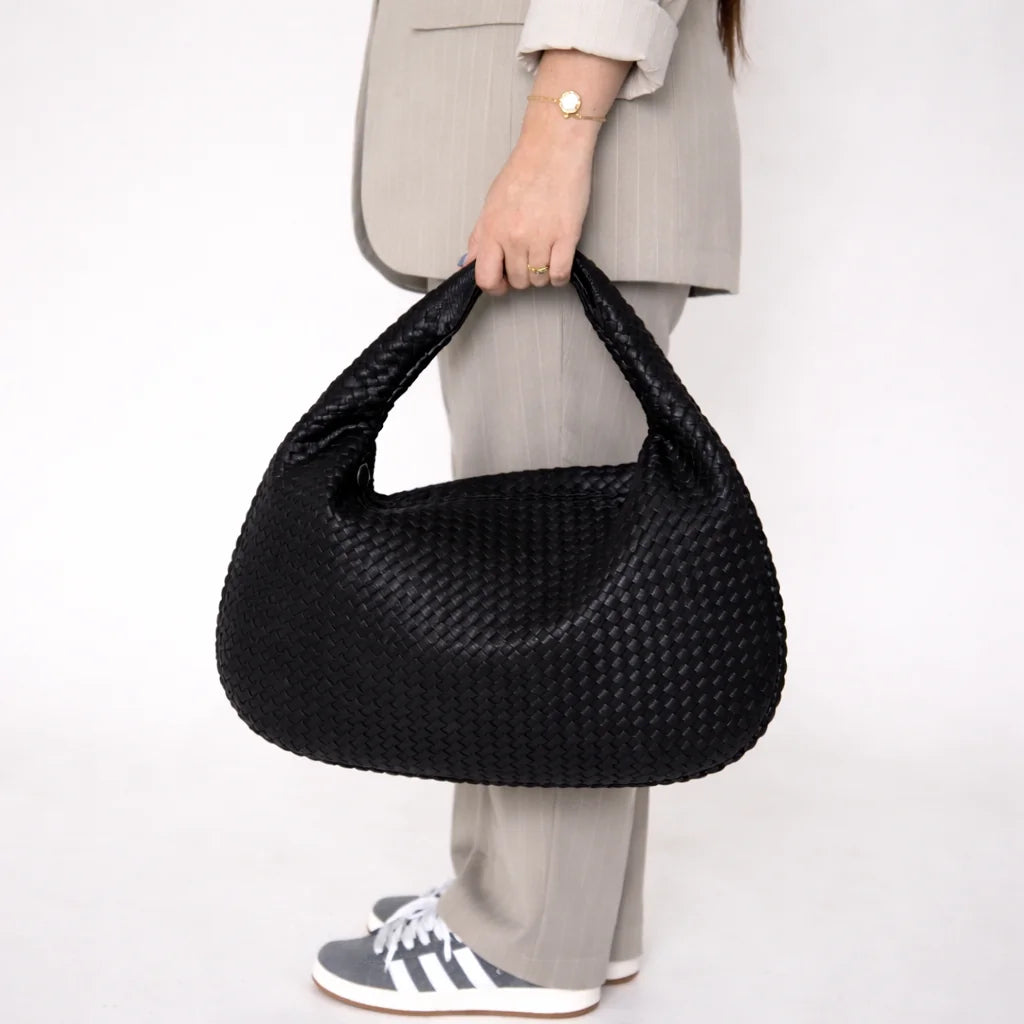 Woven Hobo Shoulder Bag – Black
