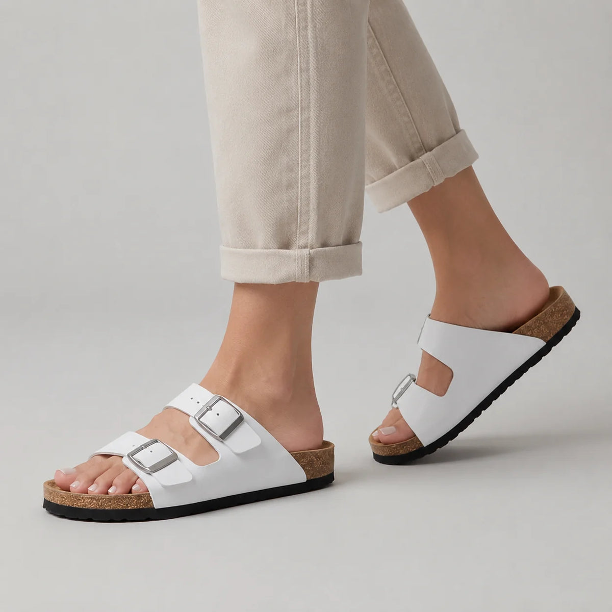 Double-Strap Buckle Sandals – White
