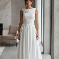 Draped Neck Pleated Midi Dress – White