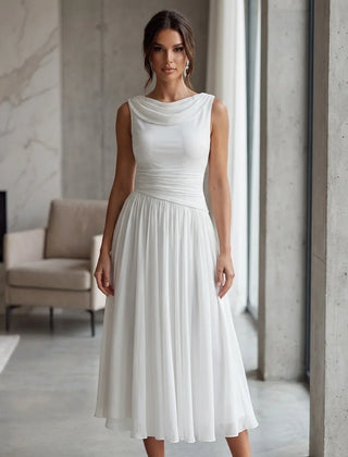 Draped Neck Pleated Midi Dress – White