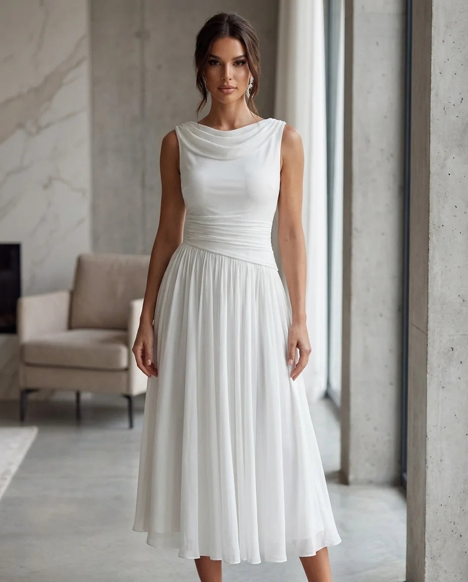 Draped Neck Pleated Midi Dress – White